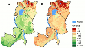 Fig 2. Geographic coverage of the potential natural vegetations. A) The percent area protected of potential natural vegetation types by the protected areas network (GC). B) As A, but only considering the more strictly protected PAs of IUCN class Ib-IV. doi:10.1371/journal.pone.0121444.g002