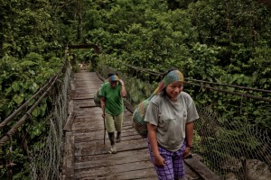 Community forestry in Ecuador: Leaving their oars behind the Kichwa villagers cross a bridge over the Jondachi river with their bounty. Photo: Tomas Munita/CIFOR