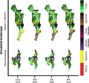 The dynamics of land-cover output resulting from the simulations of the LUCES model under three different scenarios. Infographic from study.